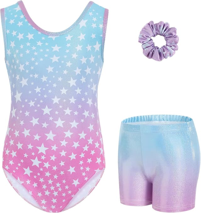 Detalle de Gogokids girls’ three-piece gymnastics set (sleeveless leotard, shorts and hairband)