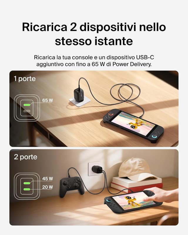 Detalle de Belkin Gaming Doppio Caricatore da Muro USB-C da 65W con GaN per Nintendo Switch 2 e dispositivi USB-C PD (nero)