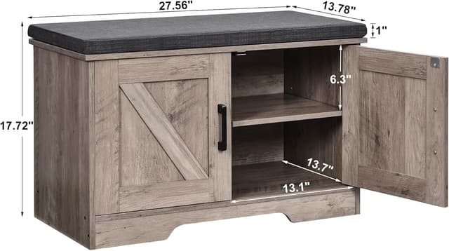 Detalle de HOMSHO 2-Tier Storage Bench (27.6" Wide) with Padded Seat Cushion, Barn Doors & Adjustable Shelf, Greige