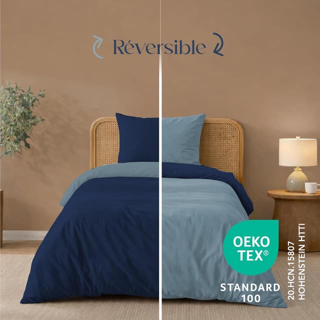 Detalle de Twinzen Parure de lit 140x200 réversible en microfibre (housse de couette + taie 65x65) Bleu Foncé/Bleu Gris