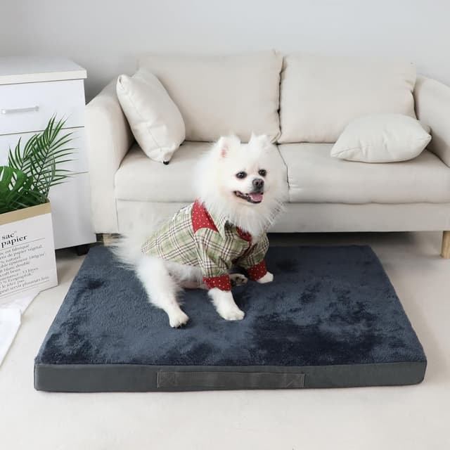 Detalle de Nepfaivy Medium Dog Bed (75×50×7.5cm) – Washable, Waterproof, Orthopedic Crate Mattress with Removable Plush Cover, Dark Grey