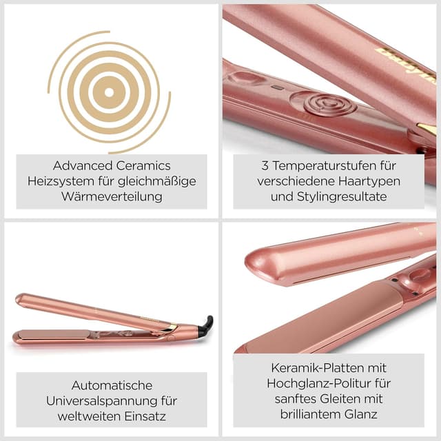 Detalle de BaByliss Rose Gold Glätteisen mit Keramikplatten – bis 235°C, Aufheizen in 15 Sekunden, Universalspannung