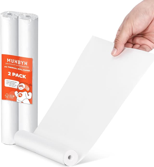 Detalle de MUNBYN Thermopapier A4 für ITP01/ITP04 – 2 Rollen Thermodruckerpapier (210 x 297 mm), weiß