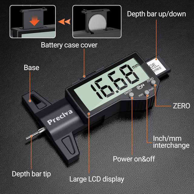 Detalle 2 de Preciva Digital Tyre Tread Depth Gauge & Brake Pad Measuring Tool Kit with Large LCD Screen