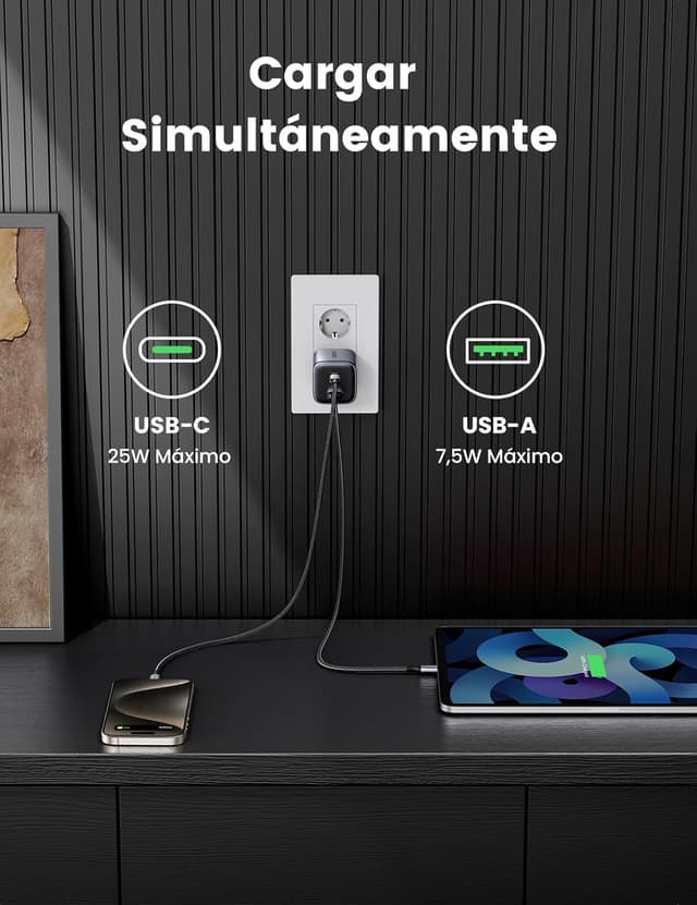 Detalle de UGREEN Nexode 35W caricatore USB-C GaN con 1 USB-C e 1 USB-A (Nero)