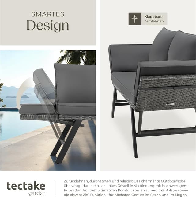 Thumbnail 4 de tectake Rattan Loungesofa 2in1 Klapparmlehnen
