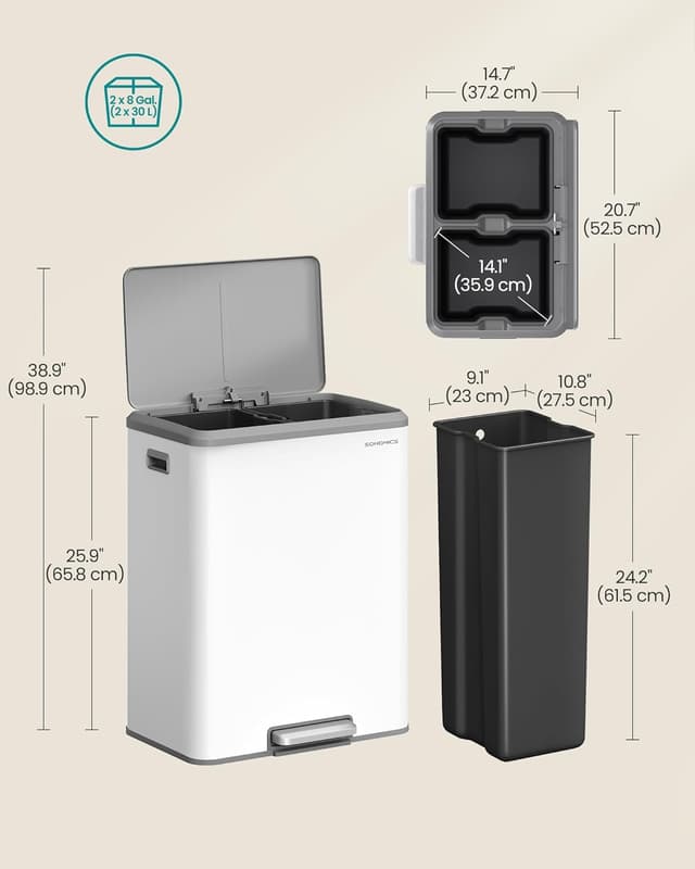 Detalle 2 de SONGMICS Kitchen Bin (LTB556W02) – Double 2 x 30 L stainless steel recycling bin with soft-close lids