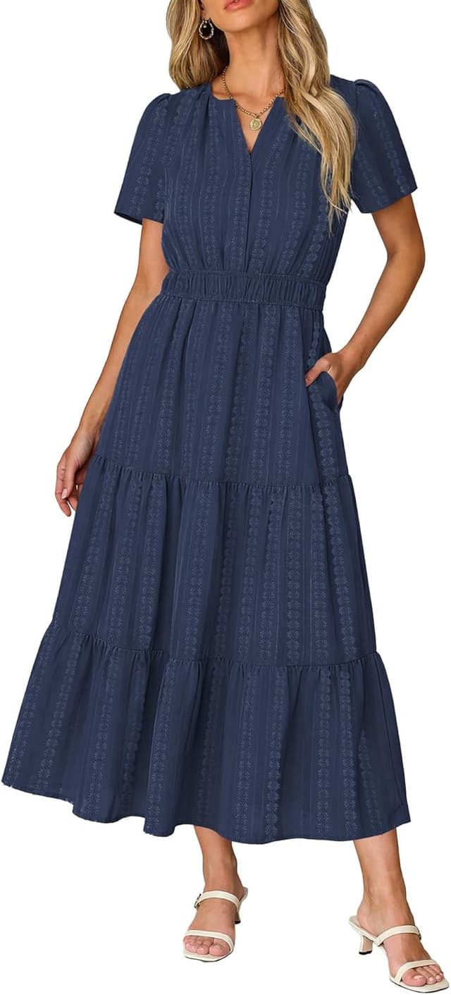 Detalle de RUMIA Women Casual Midi Maxi Dress with V-Neck, Elastic Waist & Pockets (S–2XL)