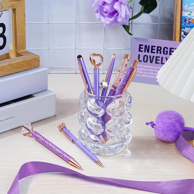 Detalle 2 de WEMATE 8-piece ballpoint pen set (purple) with bling detailing in black & blue ink