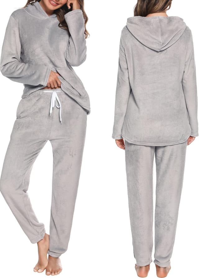 Detalle de Ensemble de pyjama femme en polaire Lovasy avec capuche et grandes poches