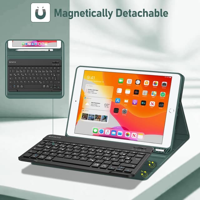 Detalle de FINTIE Tastatur Hülle für iPad 10,2 Zoll 7./8./9. Gen. (2019–2021) mit QWERTZ, Pencil-Halter & abnehmbarer Bluetooth-Tastatur – Dunkelgrün