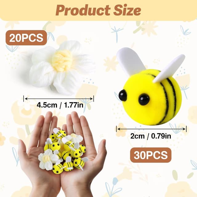 Detalle de YunJoyous Filz-Bienen Deko-Set (50 Stück) mit Häkelblumen – für DIY Girlanden, Haarclips & Partydeko