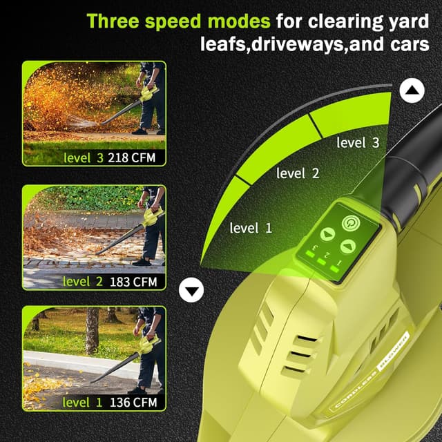 Detalle de Cordless Leaf Blower 20V (with 2 x 2.0Ah batteries) – 3 speed modes, lightweight cordless for patio & garden clearing