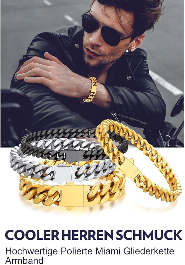 Thumbnail 6 de Bandmax Herren Panzerarmband aus 316L Edelstahl (5 mm) mit kubanischer Miami-Kette, 19/21/23 cm – silber/schwarz/vergoldet