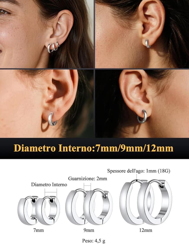 Detalle de Set U7 di 3 paia di orecchini a cerchio huggie in acciaio inossidabile (3 misure) color argento/oro/nero