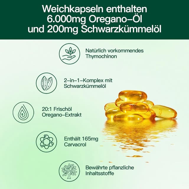 Detalle de VivoNu Oregano Öl Kapseln – 300 Weichkapseln mit 6000 mg Oreganoöl, 200 mg Schwarzkümmelöl & 165 mg Carvacrol