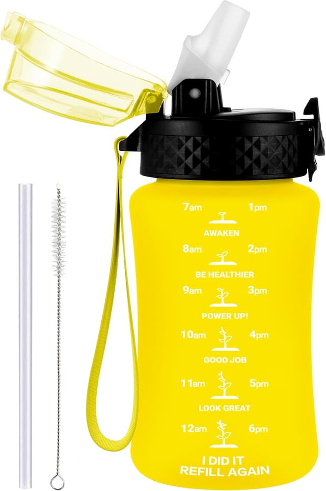 Detalle de GOPPUS 350ml Kids Water Bottle With Straw & Flip Top Lid (Tritan), Leakproof BPA-free, Yellow