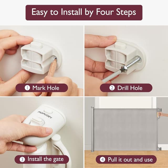 Detalle 1 de Momcozy Retractable Baby Gate (Mesh) – 33" Tall, extends up to 71" wide for doorways and stairs