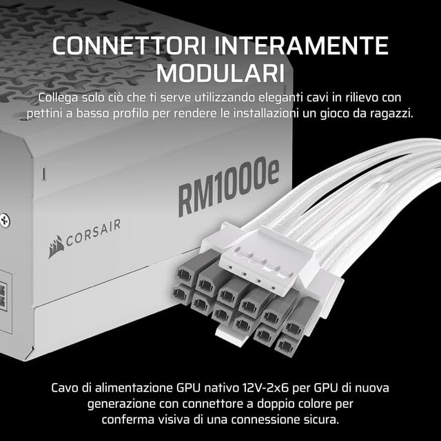 Detalle de CORSAIR RM1000e (2025) alimentatore ATX 1000W completamente modulare, bianco, compatibile ATX 3.1 e PCIe 5.1