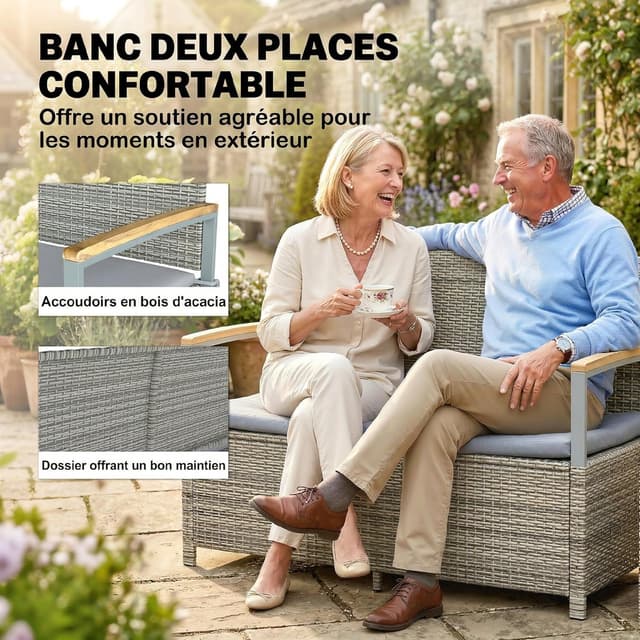 Thumbnail 6 de Outsunny Banc de jardin avec coffre de rangement 170 L – banquette 2 places en résine tressée grise