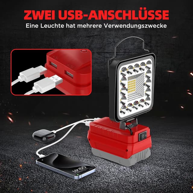 Thumbnail 6 de Akku Lampe für Einhell PXC 18V Akku – 48W LED Arbeitsleuchte mit 4.800 lm und 2 USB (ohne Akku)