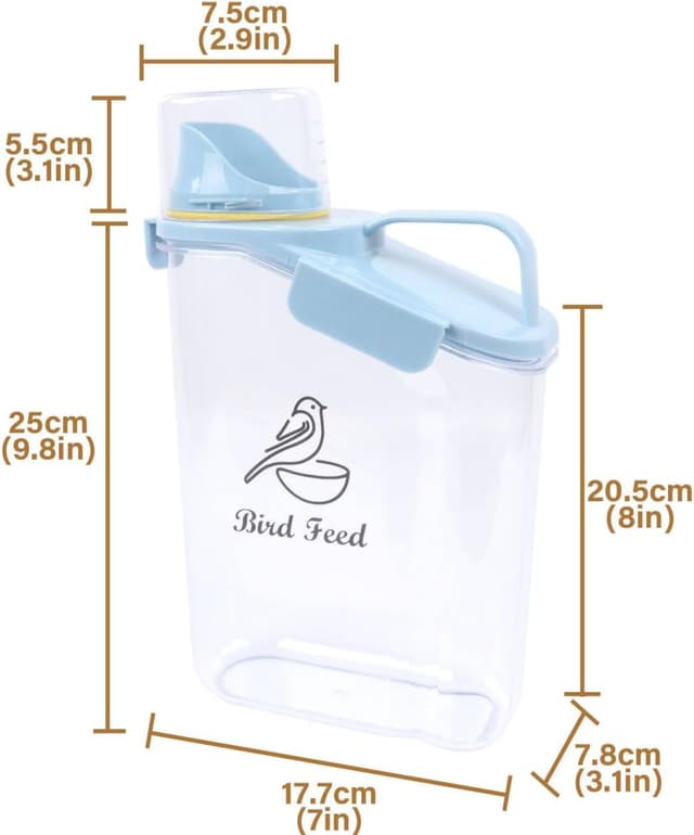 Detalle de Geyecete Bird Seed Storage Container 2.8 L (3 Qt) – Clear Plastic Airtight Jar with Measuring Cup & Blue Lid