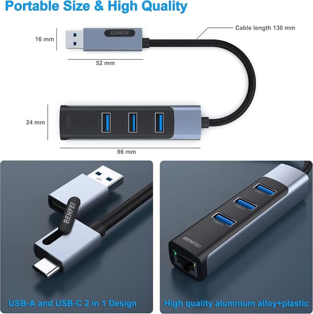 Detalle 2 de BENFEI Adattatore USB-C 2 in 1 Ethernet 1 Gbps