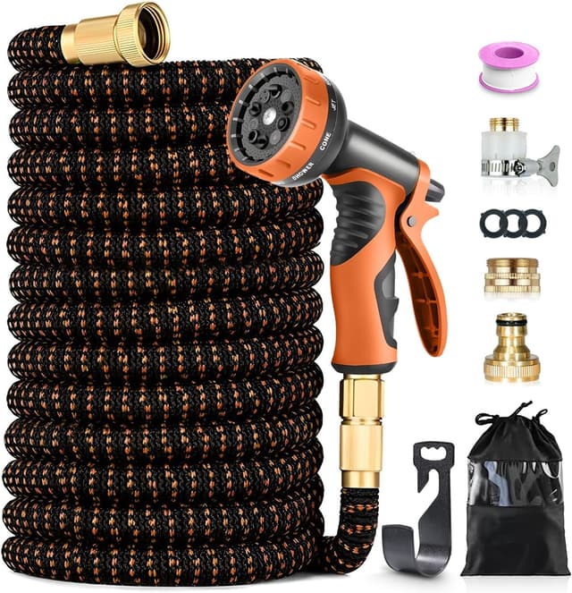 Detalle de Expandable Garden Hose Pipe 150FT/45M with 10-Pattern Spray Nozzle (Expandable 4-layer latex core, 1/2" & 3/4" connectors)