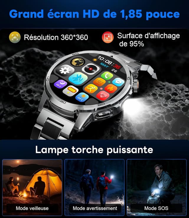 Detalle 2 de LIGE Montre connectée homme 1,85" HD (1000 mAh) avec lampe LED, 100+ sports et suivi fréquence cardiaque/sommeil