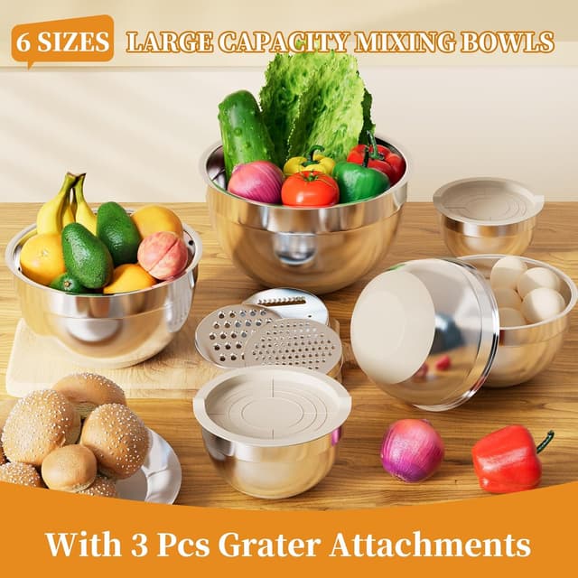 Detalle de Fyrnova 6-Piece Stainless Steel Mixing Bowls Set with Lids and Grater Attachments