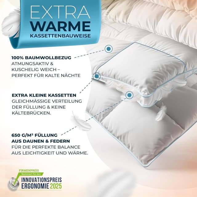 Detalle 2 de Glückstoff® Winterdecke aus Federn und Daunen 155x220 cm – extra warme, waschbare Daunendecke für Allergiker