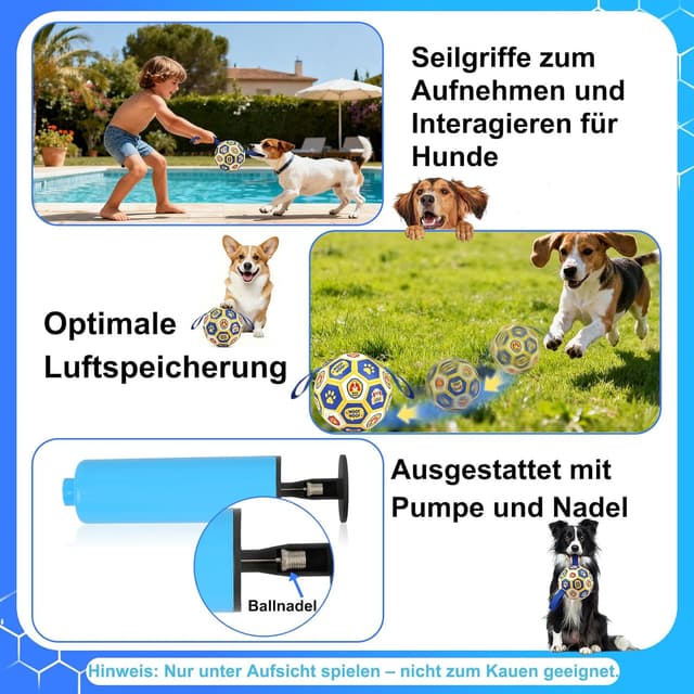 Detalle 2 de Vivifying interaktiver Fußball als Hundespielzeug (6 Zoll) inkl. Luftpumpe – für Zerrspiele & Training drinnen und draußen