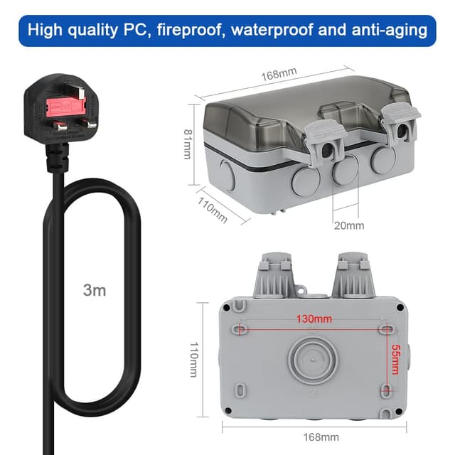 Detalle 2 de Anesty Outdoor Socket – IP66 waterproof 2-gang double plug with 3m extension lead