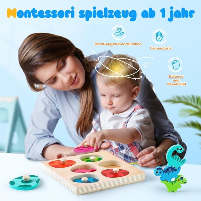 Detalle de Montessori Greifpuzzle ab 1 Jahr mit Dinosauriern und Tier-Eiern (Holzspielzeug, bunt) – Steck- & Sortierspiel für 12–36 Monate