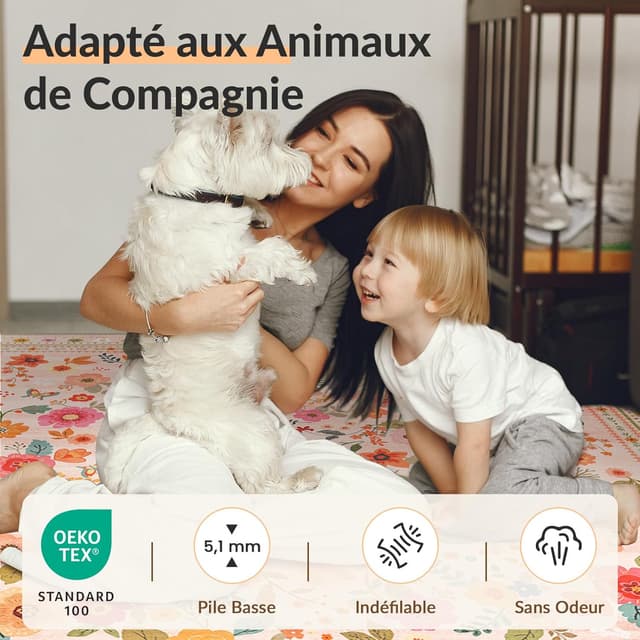 Detalle de INOVADAY Tapis lavable 120x180 cm Style bohème à poils courts, antidérapant imprimé floral (rose/beige)