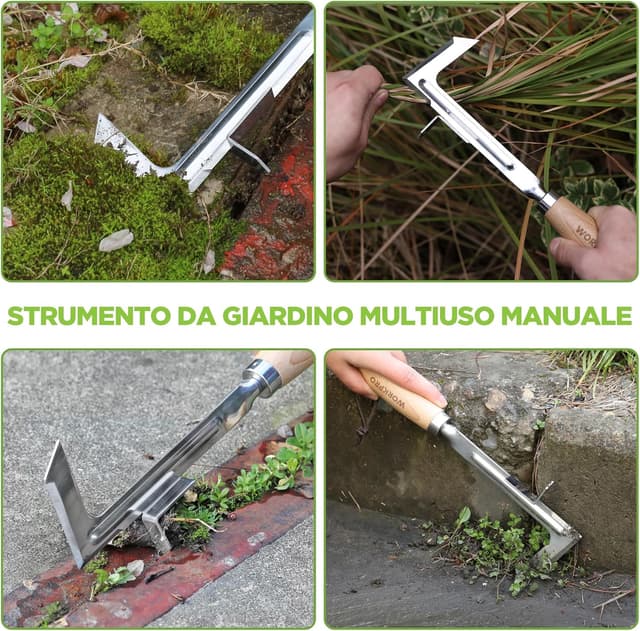 Detalle 2 de WORKPRO 12” Estirpatore Erbacce Manuale in INOX con manico in legno e spatola a L per fughe, vialetti e muschio