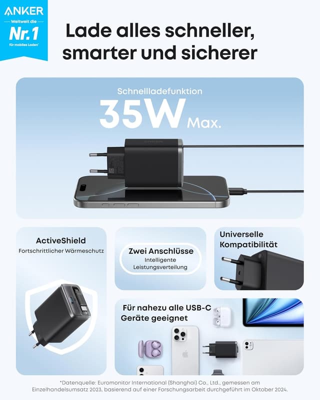 Detalle de Anker Nano USB-C Ladegerät 35W (2 Anschlüsse) mit ausziehbarem InstaCord-Kabel – kompaktes Netzteil für iPhone & iPad