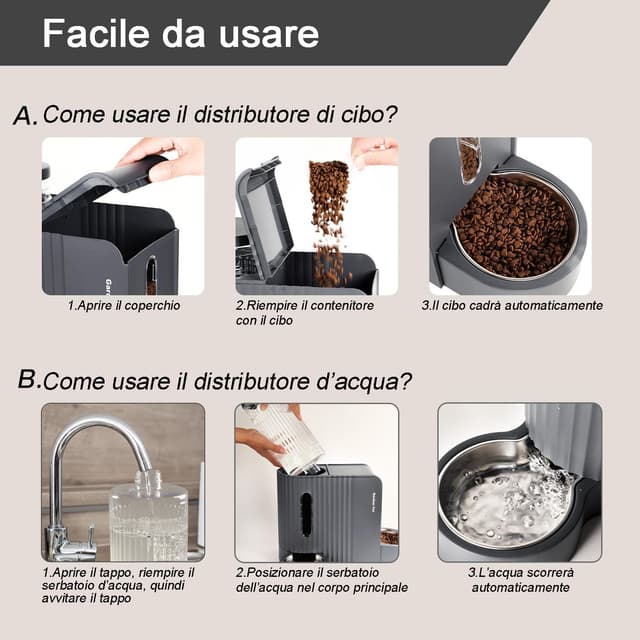 Detalle 2 de Gardner Pet distributore 2 in 1 a gravità cibo e acqua con ciotole in acciaio inox 3L+3L (non elettrico) grigio scuro