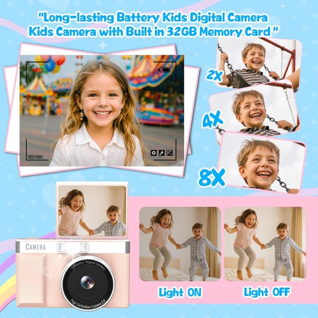 Detalle de Appareil photo enfant rose avec écran inversable 180° et carte mémoire 32GB – enregistrement HD 1080P