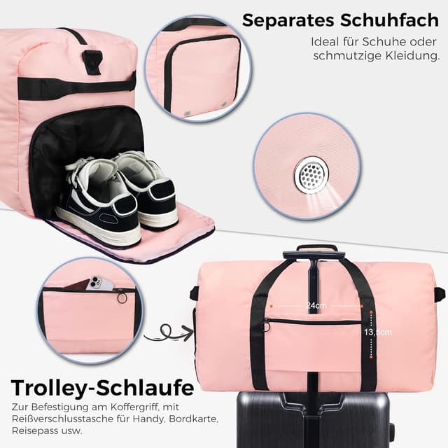 Detalle de Fmeida Saunatasche Damen große Reisetasche faltbar mit Schuhfach, wasserdicht – Weekender- & Handgepäck-Tasche (hellpink)