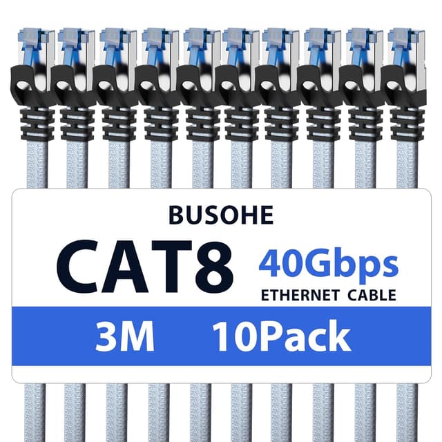 Detalle de BUSOHE Cat 8 LAN-Kabel flach, 3 m (10er-Set) – 40 Gbps / 2000 MHz, RJ45 Patchkabel für PC & Router
