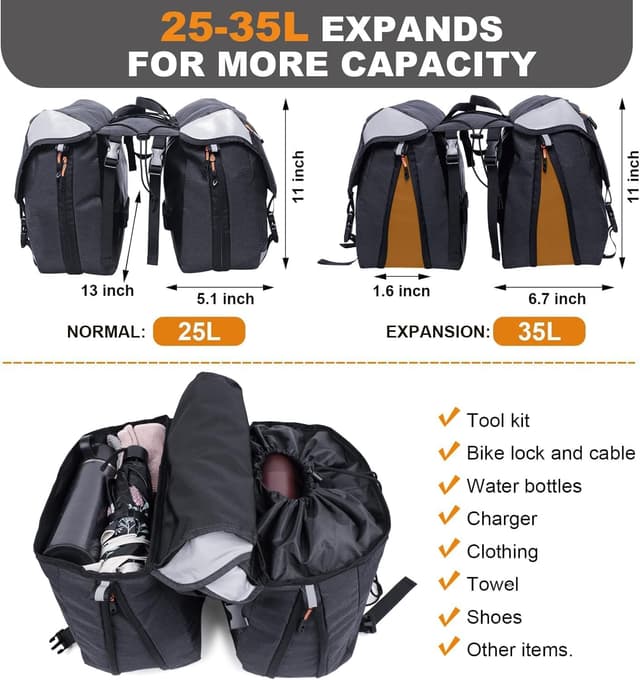 Detalle 2 de NDakter Bike Panniers 35L Waterproof Expandable Rear Rack Trunk Bags