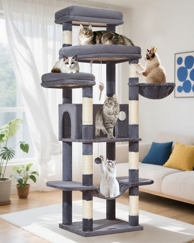Detalle de Taoqimiao 180cm Large Cat Tree (MS034G) with 9 Scratching Posts, Hammock & Wide Condo