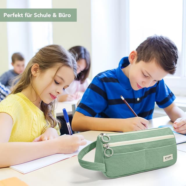 Detalle 2 de KALIDI Cord-Stoff Federmäppchen mit Tragegriff – großes Mäppchen für Schule, Büro & Teenager