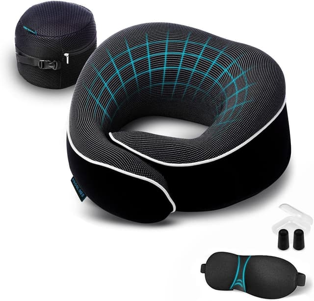 Detalle de Proglobe Travel Pillow Memory Foam Neck Pillow Set with Sleep Mask and Mesh Bag (Black)