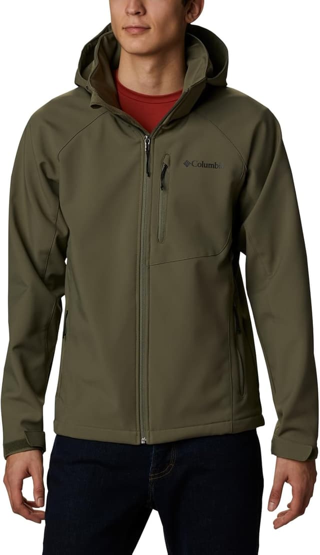 Detalle de Columbia Cascade Ridge 3 Softshell da uomo: giacca softshell impermeabile con cappuccio regolabile
