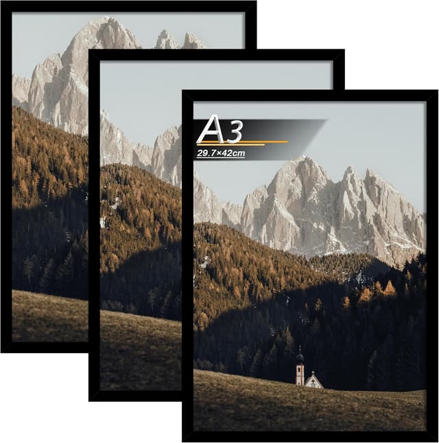 Detalle de Tinkeps 3er Pack A3 Bilderrahmen (29,7 x 42 cm) schwarz – Holzwerkstoff, Plexiglas-Ersatz und drehbare Rückwand