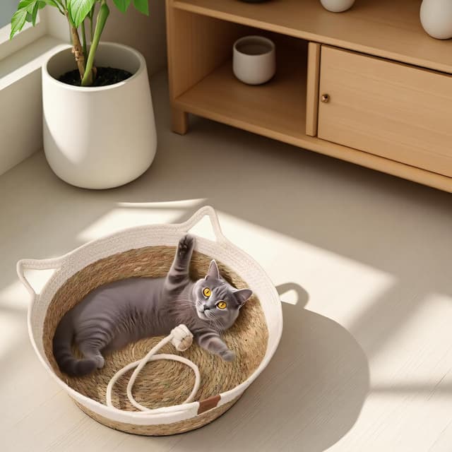 Detalle de Rukuapid Cuty Cat Basket Bed: Woven wicker kitten basket with toy ball (40x40x13cm)