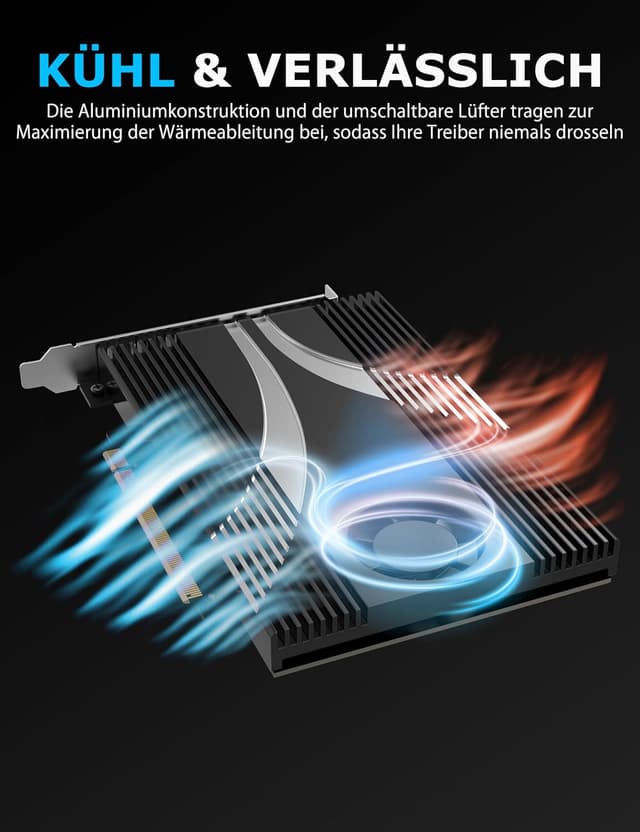 Detalle 2 de SABRENT Quad NVMe zu PCIe 4.0 x16 Adapterkarte (EC-P4BF) für 4-Laufwerk-Setup mit Kühlung