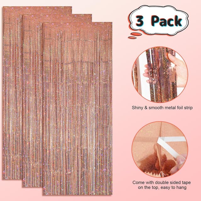 Detalle 2 de KERNOWO Lametta-Vorhang Roségold Glitzer – 2er-Set für Party-Fotoecken